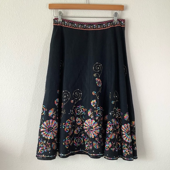 VINTAGE Embroidered Linen Skirt Black A-line Midi Pin-Up Retro Rockabilly 8 - Picture 9 of 12